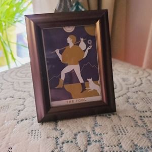 Tarot card art framed card the fool man dog purple gold white bronze mini frame